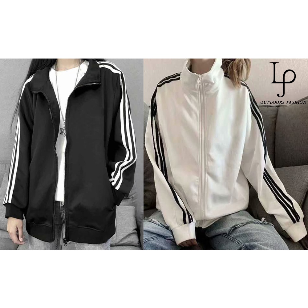 LJ- Jaket Wanita Fesyen Jaket Motor Zip Sukan Unisex Tiga Garis Sweater Perempuan Jacket Three Strip
