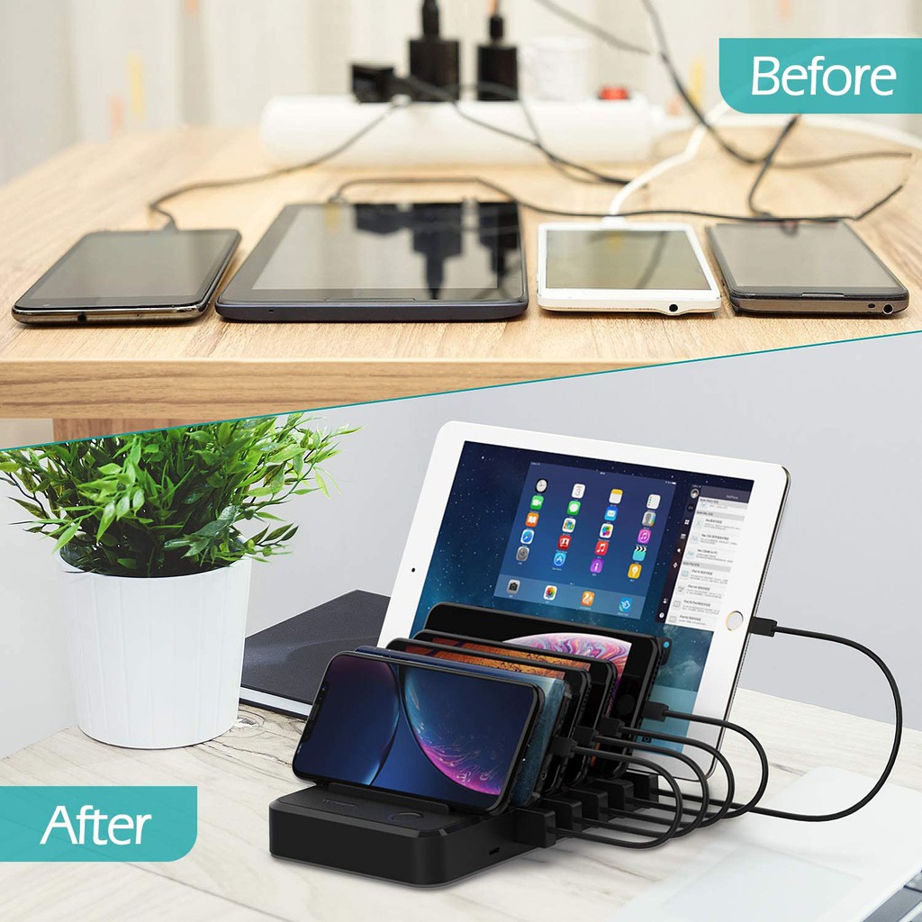 Witeem Quick Charge and Smart 6-Port USB Charging Station with USB Type C Port, Universal Charging Desktop Docks Organiz