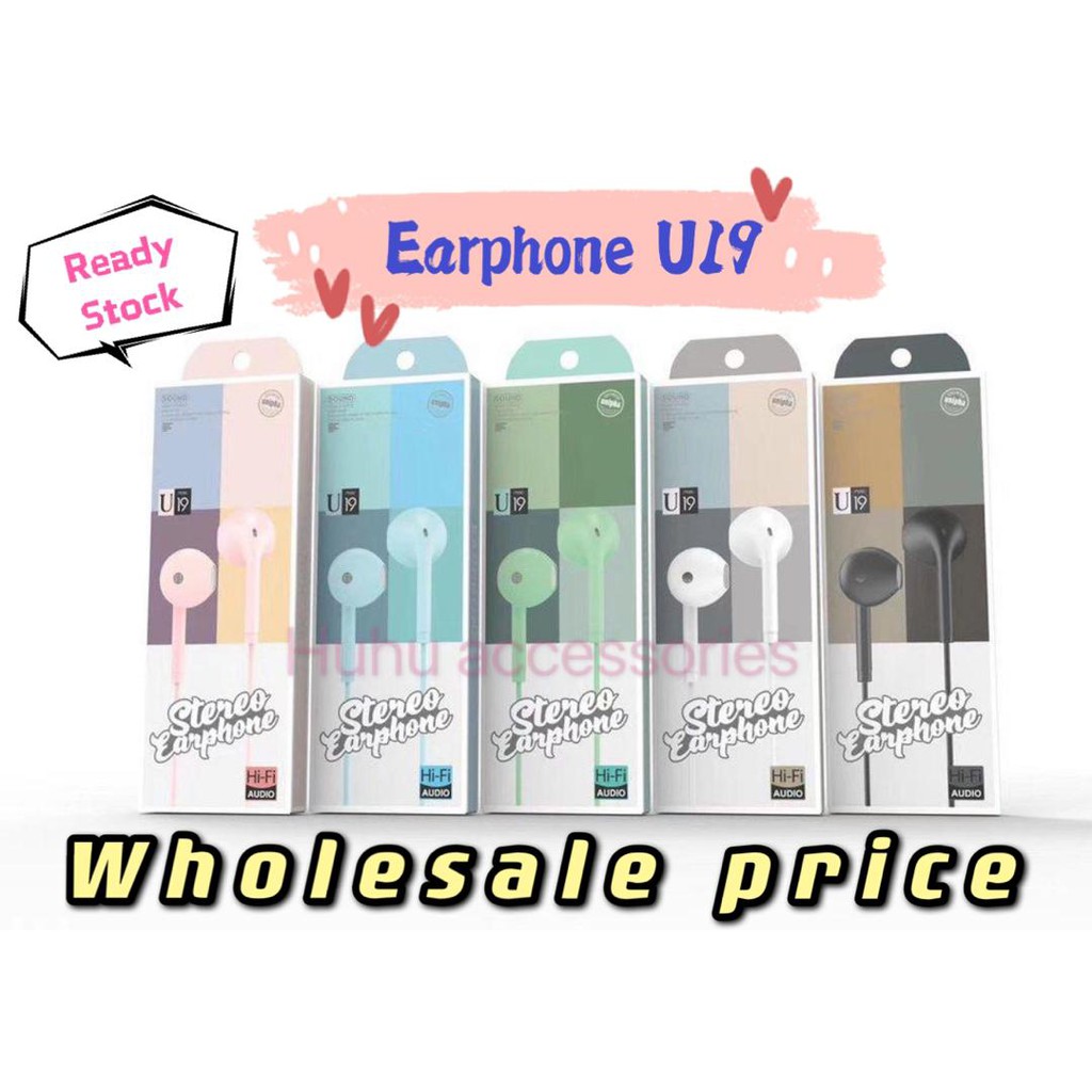 Stereo Earphone U19 – Macaron Colors (Pink, Blue, Green, White, Black) | 3.5mm Jack | High-Quality | Wholesale