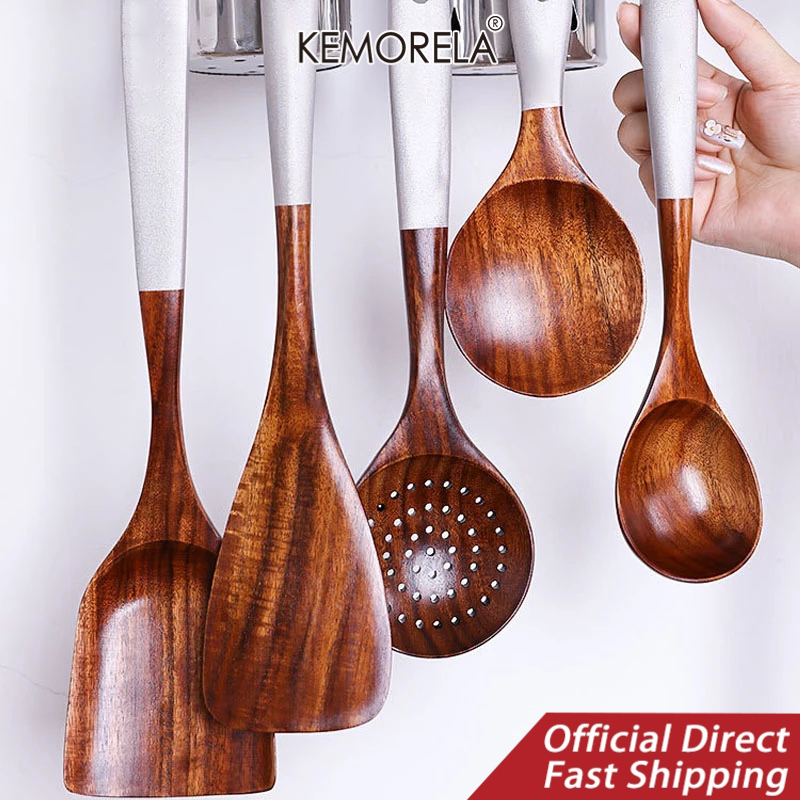 KEMORELA Solid Wood Cooking Tool Set Eco-Friendly Teak Spatula Rice Scoop Protection Tableware Kitchen Supplies