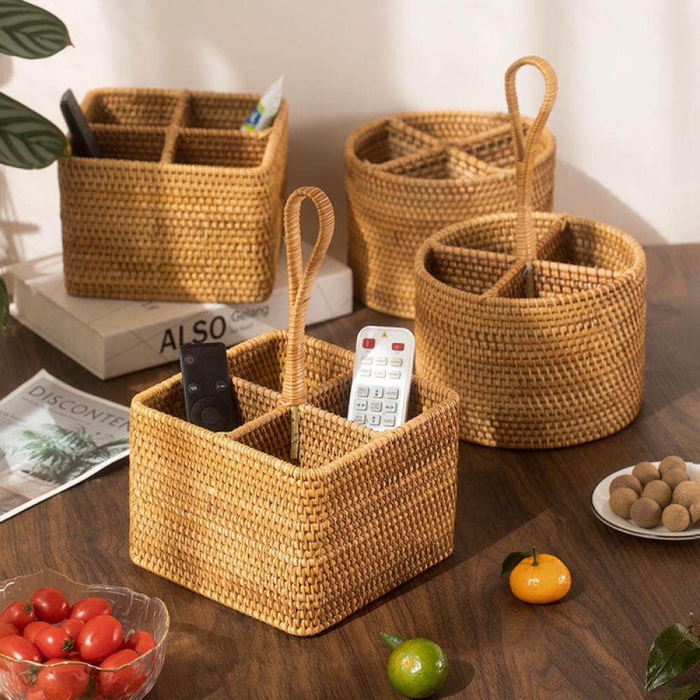 Desktop Storage Basket HandWoven Rattan 4 Compartment Storage Boxes