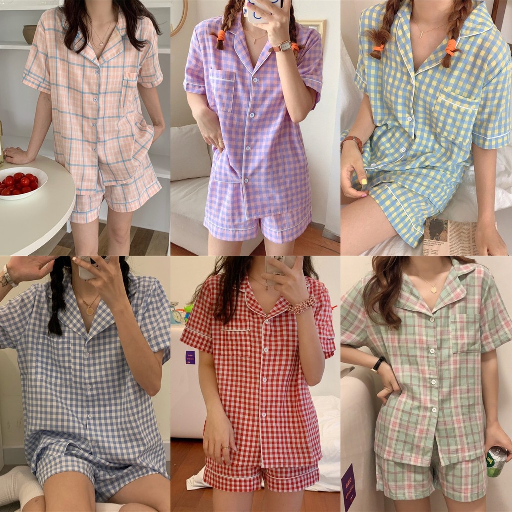 7 Colors Lattic Plaid Pyjamas Korean Nightwear Summer Sleepwear Women ...
