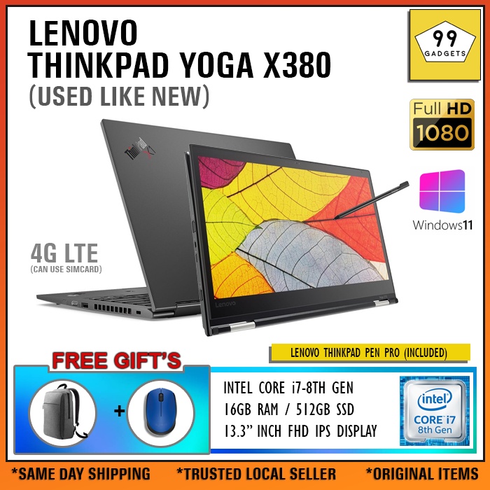 LENOVO THINKPAD YOGA X380 PREMIUM LAPTOP [CORE I7-8TH GEN / 16GB RAM / 512GB SSD NVME] 13.3 INCH FHD IPS/ WITH PEN