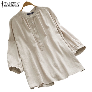 Image of ZANZEA Women Solid Color Long Sleeve Round-Neck Loose Casual Blouse