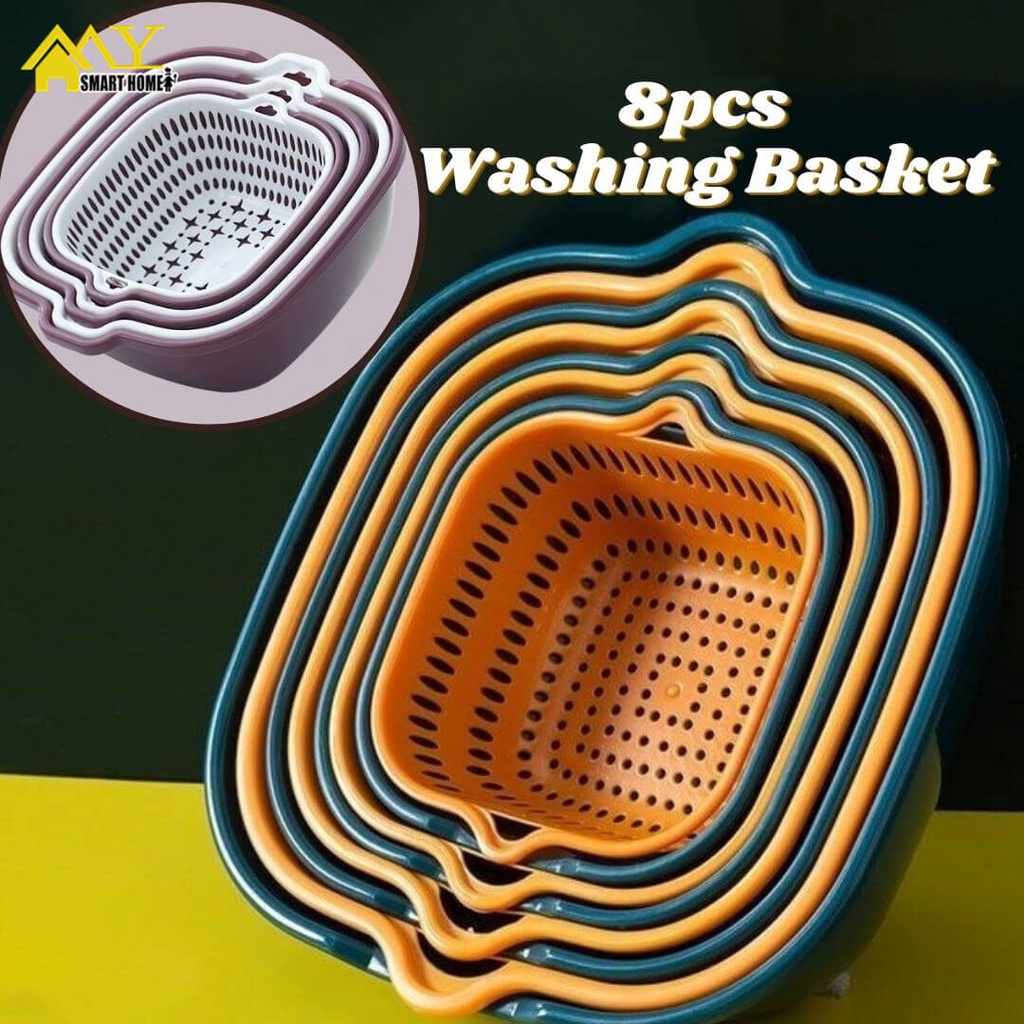 【Ready Stock】洗菜盆 8pcs/set Kitchen Drain Basket Bowl fruit vegetable Washing Colander Baskets holder Kitchen Strainer Noodles Double Drain Sink Drain Basket Vegetable Drain Basket Drainage Basket