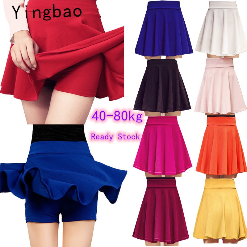 Yingbao Pleated Skirt A-Line Women Korean Style Plus Size Short Black White Red Orange Blue Pink Dark Blue Plain Color Ladies Dance Office Work Mini Japanese Summer Yellow