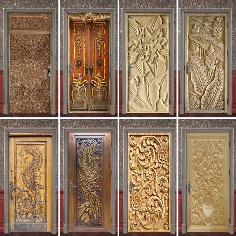 Carved Wood Panel Door Stickers Retro Decorative Sticker Self-adhesive Waterproof Relief Pattern Wallpaper Mural Apartment Decor