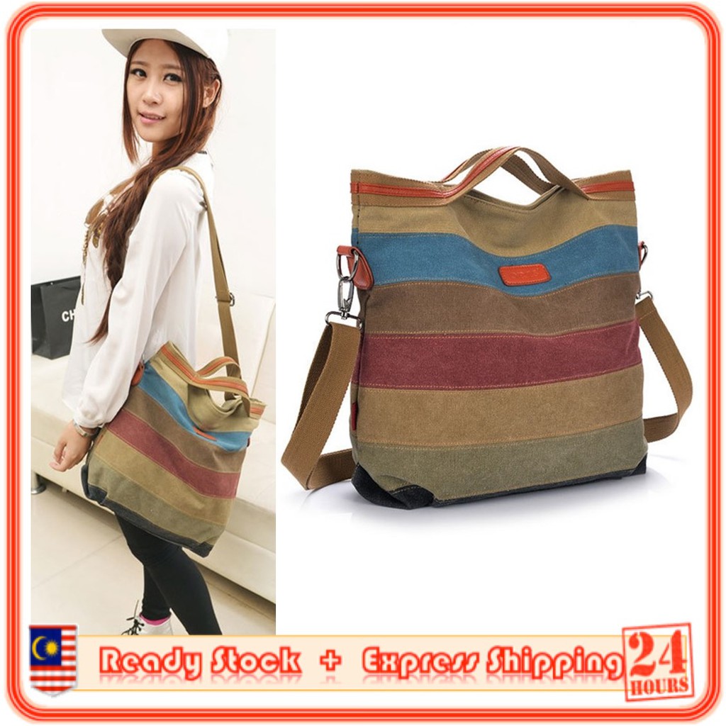 MILANDO Women Large Capacity Striped Leisure Canvas Sling Bag Tote Handbag Handbeg Wanita (Type 1)
