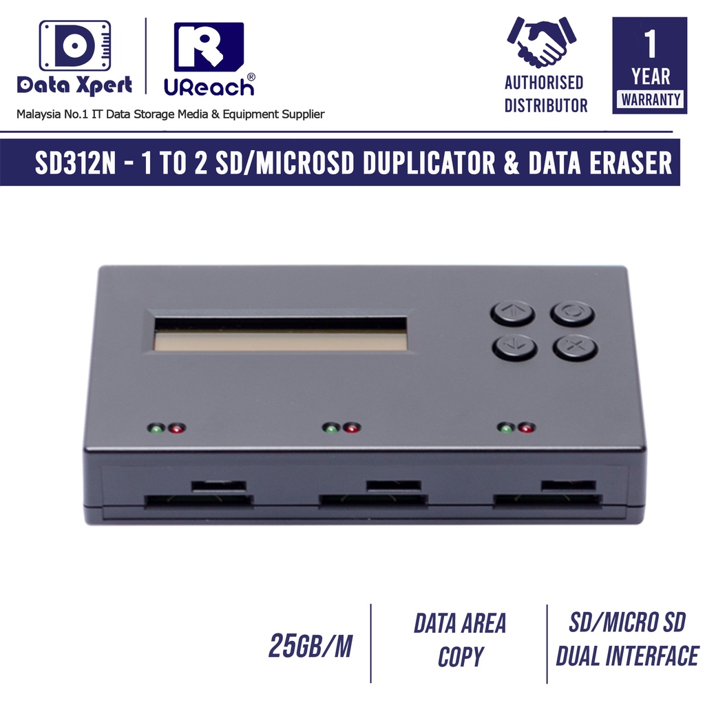 U-Reach SD312N 1 to 2 SD/MicroSD Flash Drive Duplicator & Data Eraser