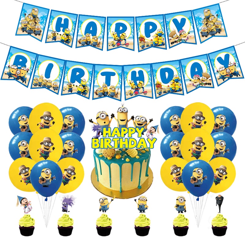 Minions Birthday Party Supplies Includes Minions Balloons,Minions Banner,Minions Big Cake Toppers and 12Pcs Cupcake Toppers for Kids Birthday Party Favor Decorations 