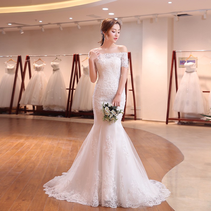 Luxurious Off Shoulder Lace Mermaid Tail Wedding Dress Bridal Gown