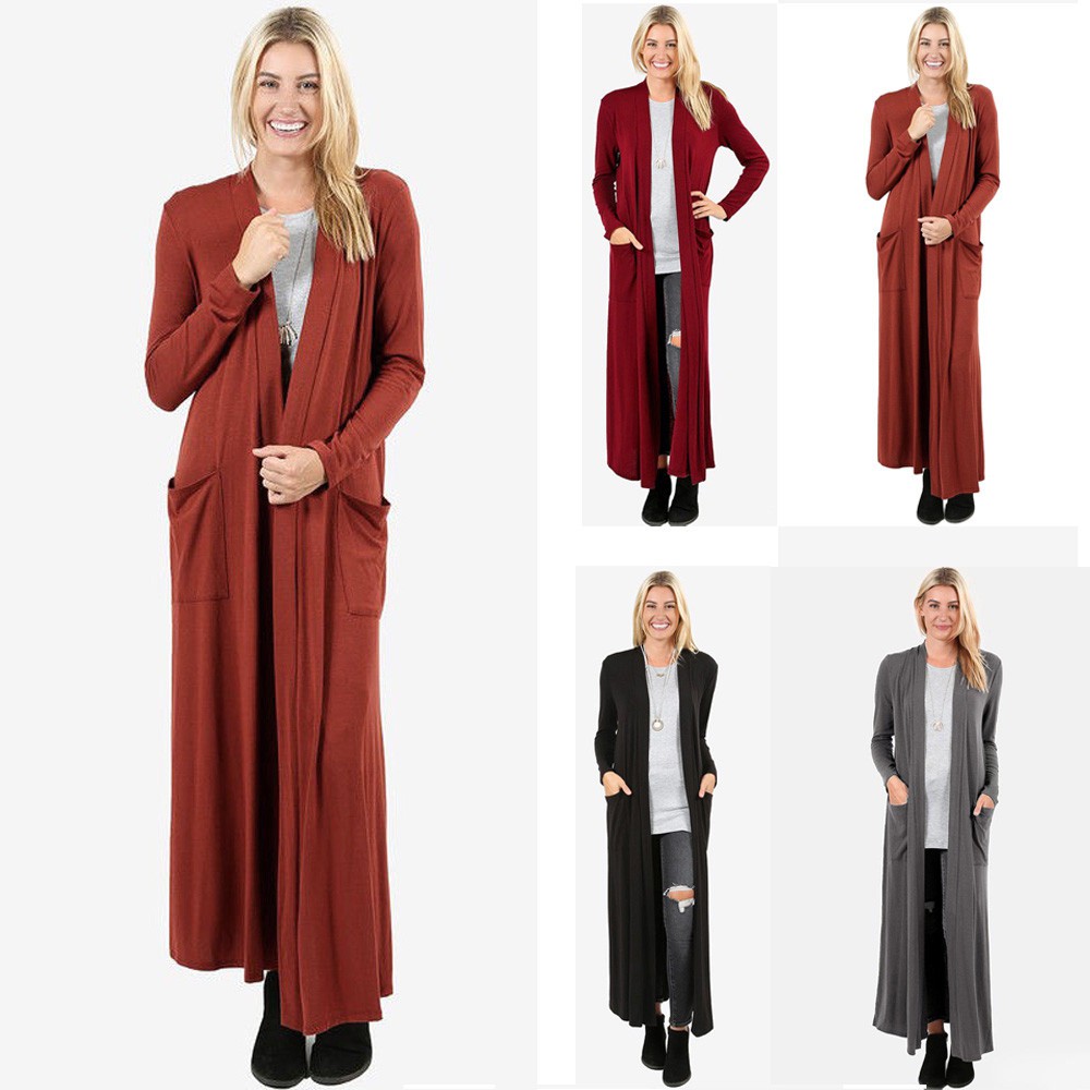 Women Full Length Maxi Cardigan Casual Open Front Solid Long