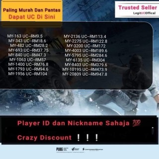 Topup for MALAYSIA REGION UC Player Unknown Battleground Mobile CHEAPEST