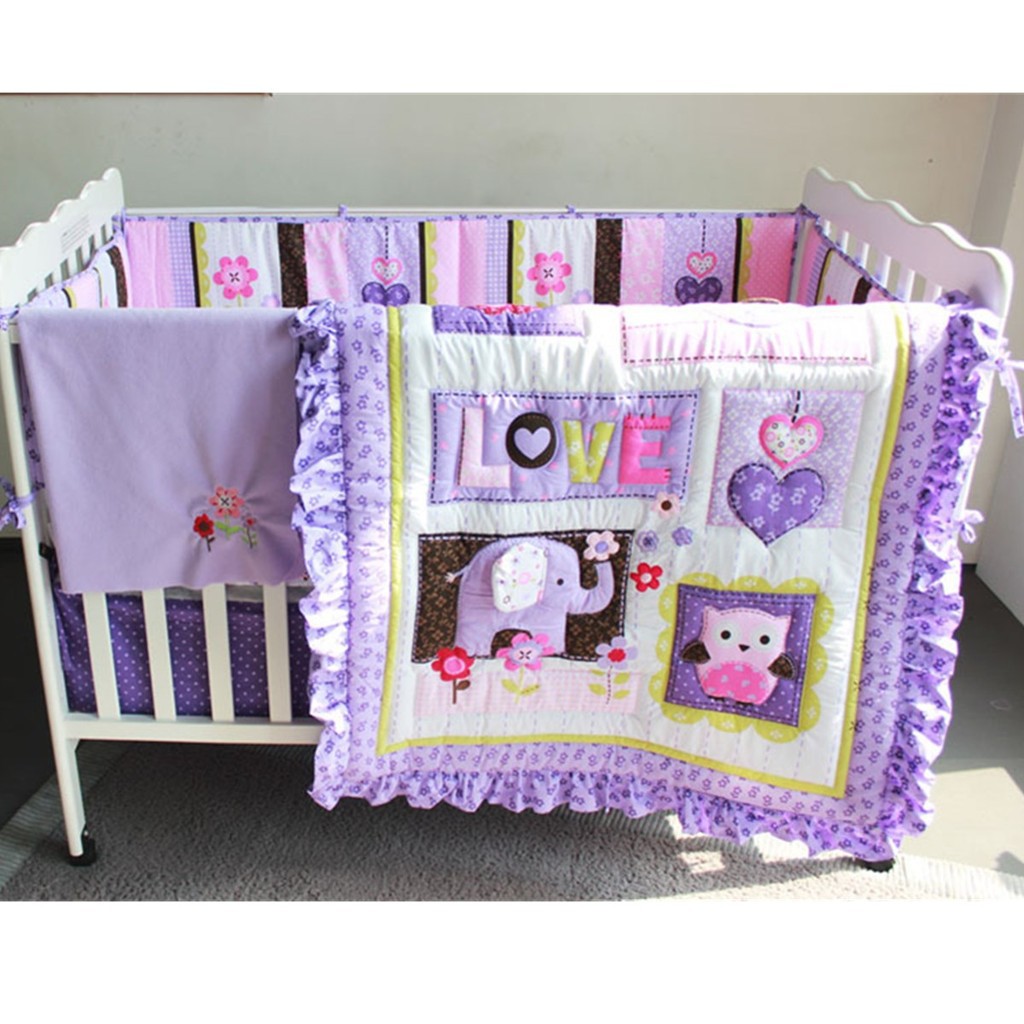 8pcs Baby Girls Purple Elephant Nursery Crib Cot Quilt Bumper