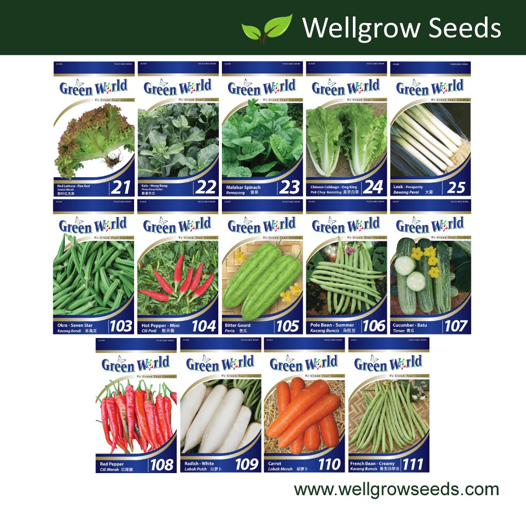 Green World Seeds GW021-GW111 Lettuce/Kale/Spinach/Leek/Okra/Pepper/Gourd/Bean/Cucumber/Radish/Carrot (Bundle Deal)