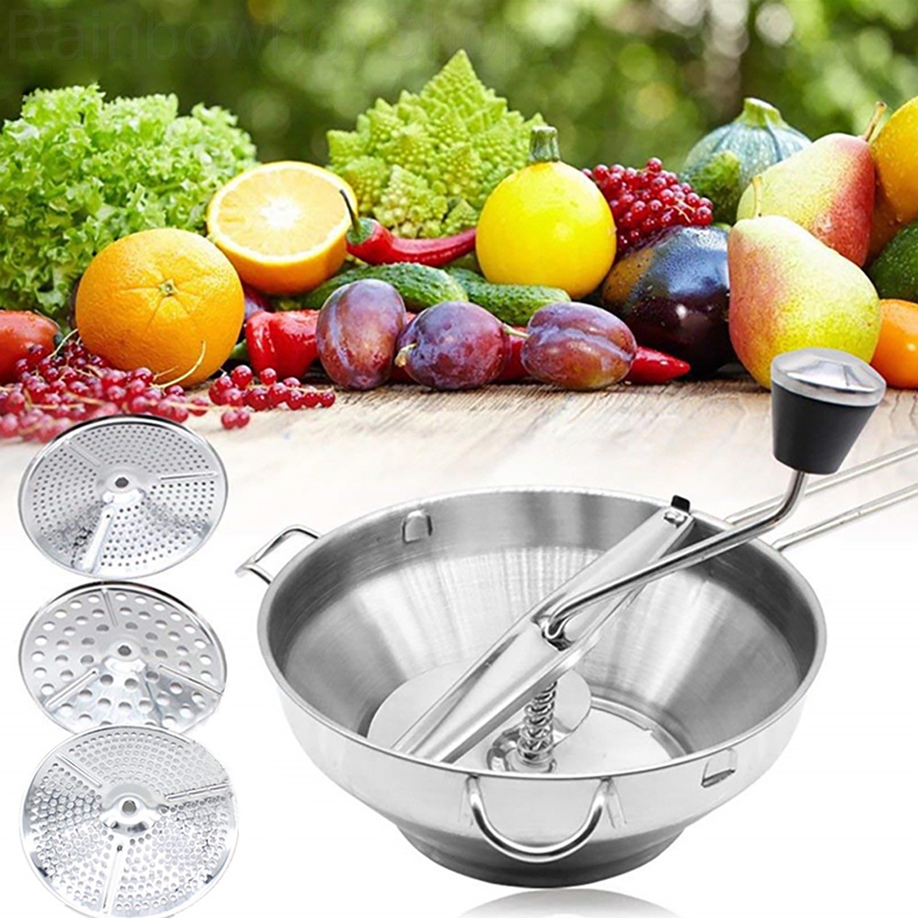 [Rainbowboy] Vegetable Mill Stainless Steel Food Rotary Mill Strainer Potato Masher Grinder with 3 Milling Disc