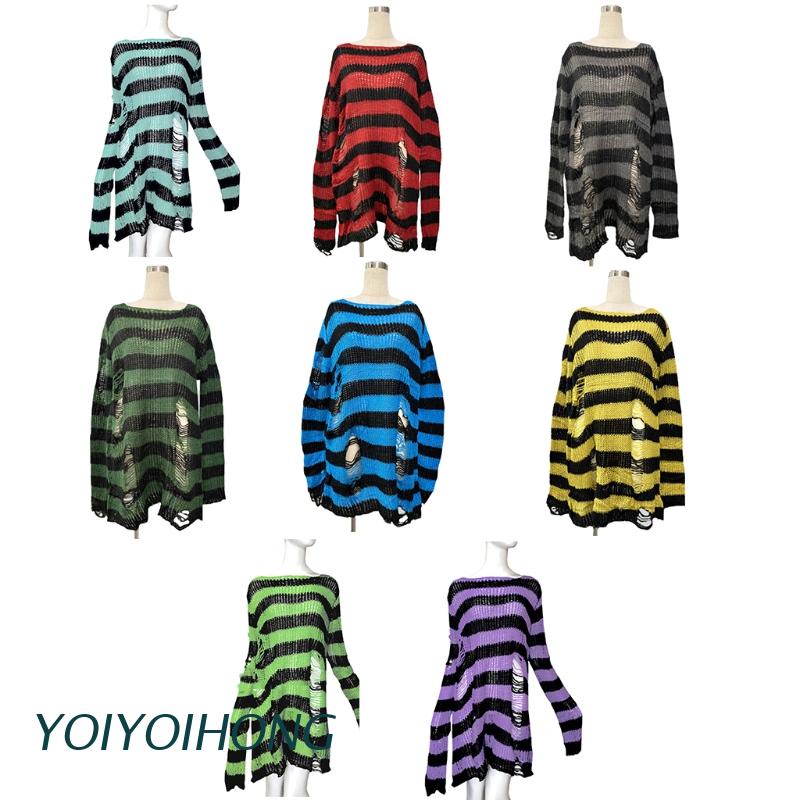 YOIOI Women Autumn Crochet Knit Long Sleeve Sweater Harajuku Gothic Punk Striped Ripped Hole Pullover Top Oversized Brok