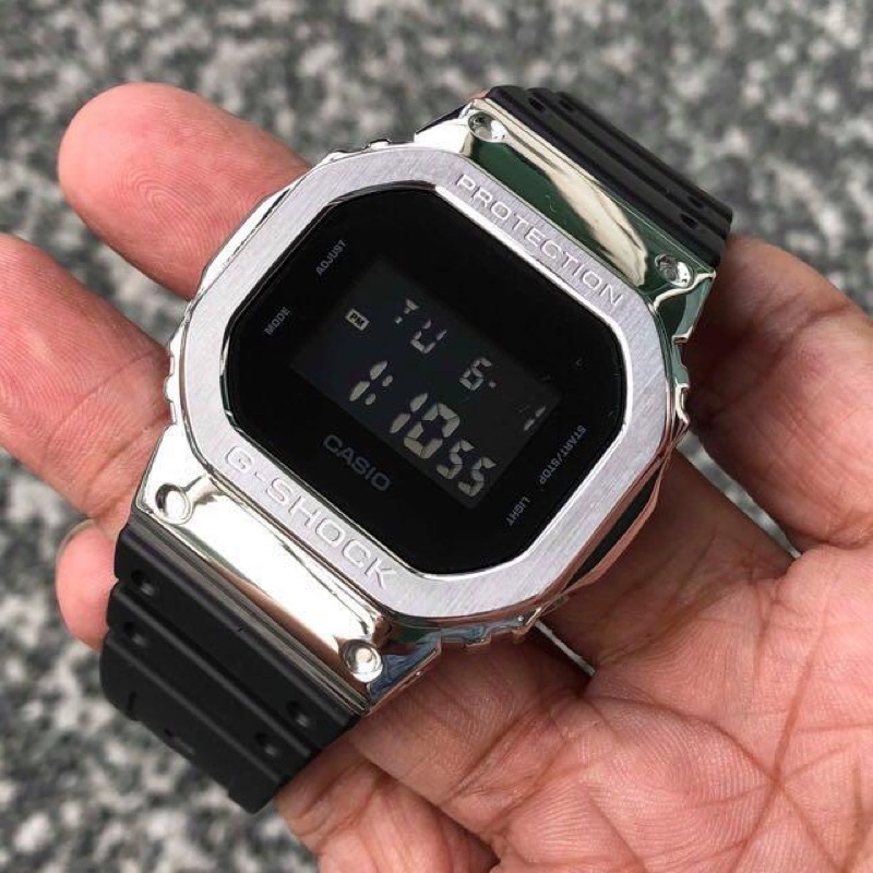 Customised Casio G-Shock DW-5600BB, DW5600BB In Silver Metal Bezel And ...