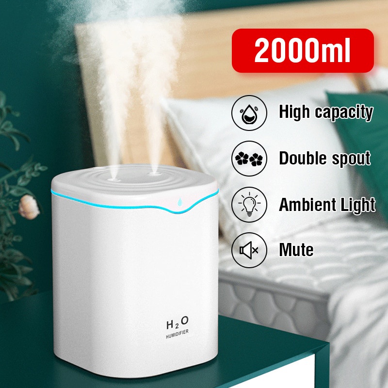 2000ML USB Air Humidifier Double Spray Port Essential Oil Aromatherapy Diffuser Cool Mist Maker