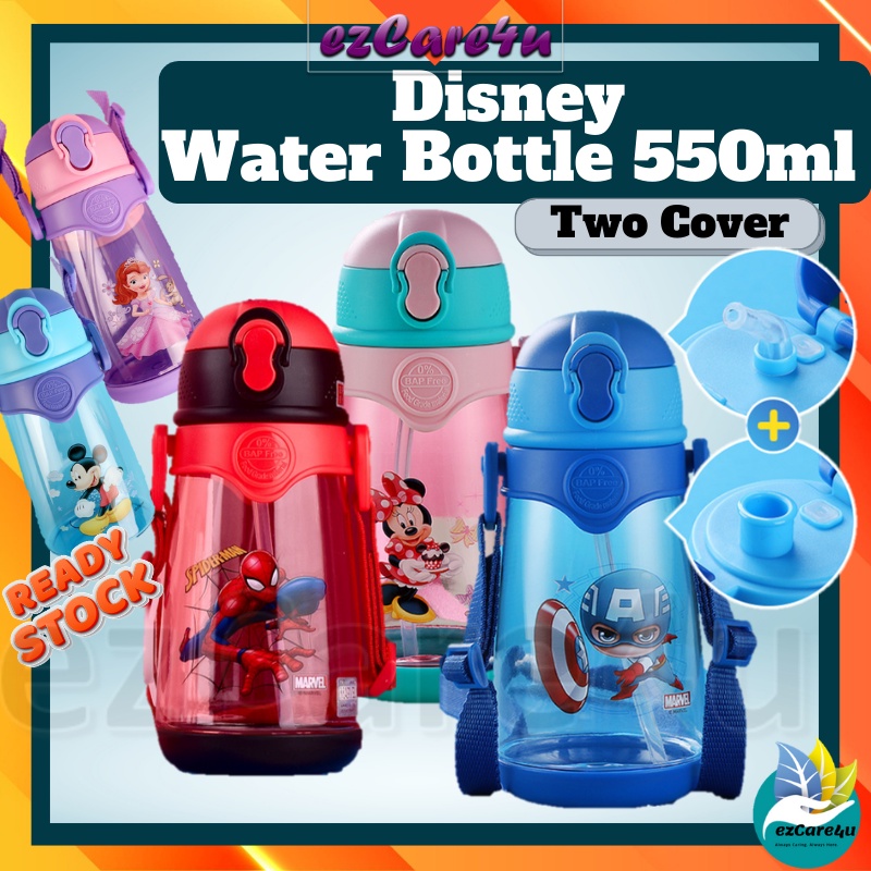 Disney Kids Water Bottle 550ml TRITAN Two Covers Straw Lid Direct Drink ...