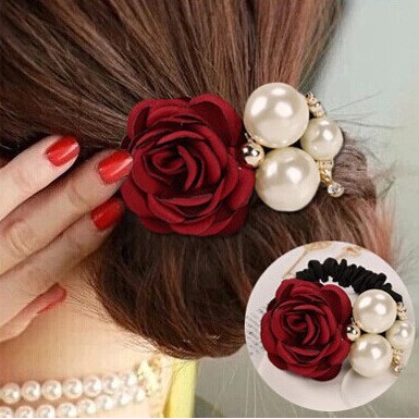Net celebrity hot style Korean women's high-end fabric beautiful pearl rose hair tie headband