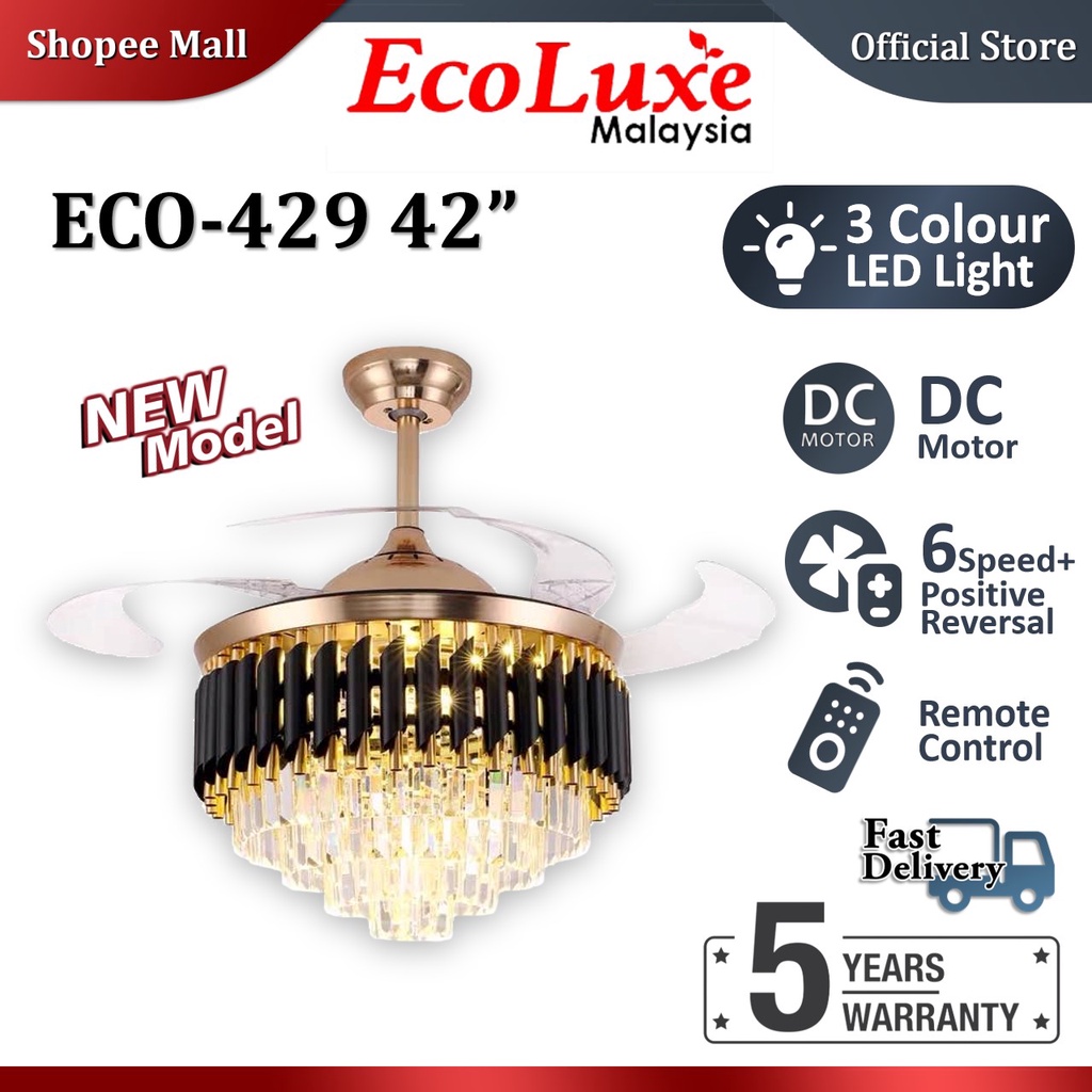 ECOLUXE ECO429 42" Crystal Chandelier DC Ceiling Fan Invisible Blades
