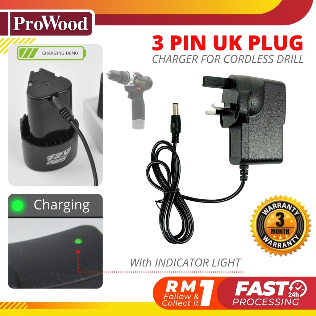 12V 3 Pin UK Plug AC/DC Adapter Cordless Drill Battery Charger for 12V