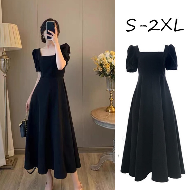 【WJZ】New year Women's Korean retro simple Hepburn style waist slim square neck knee-length dress【6724】