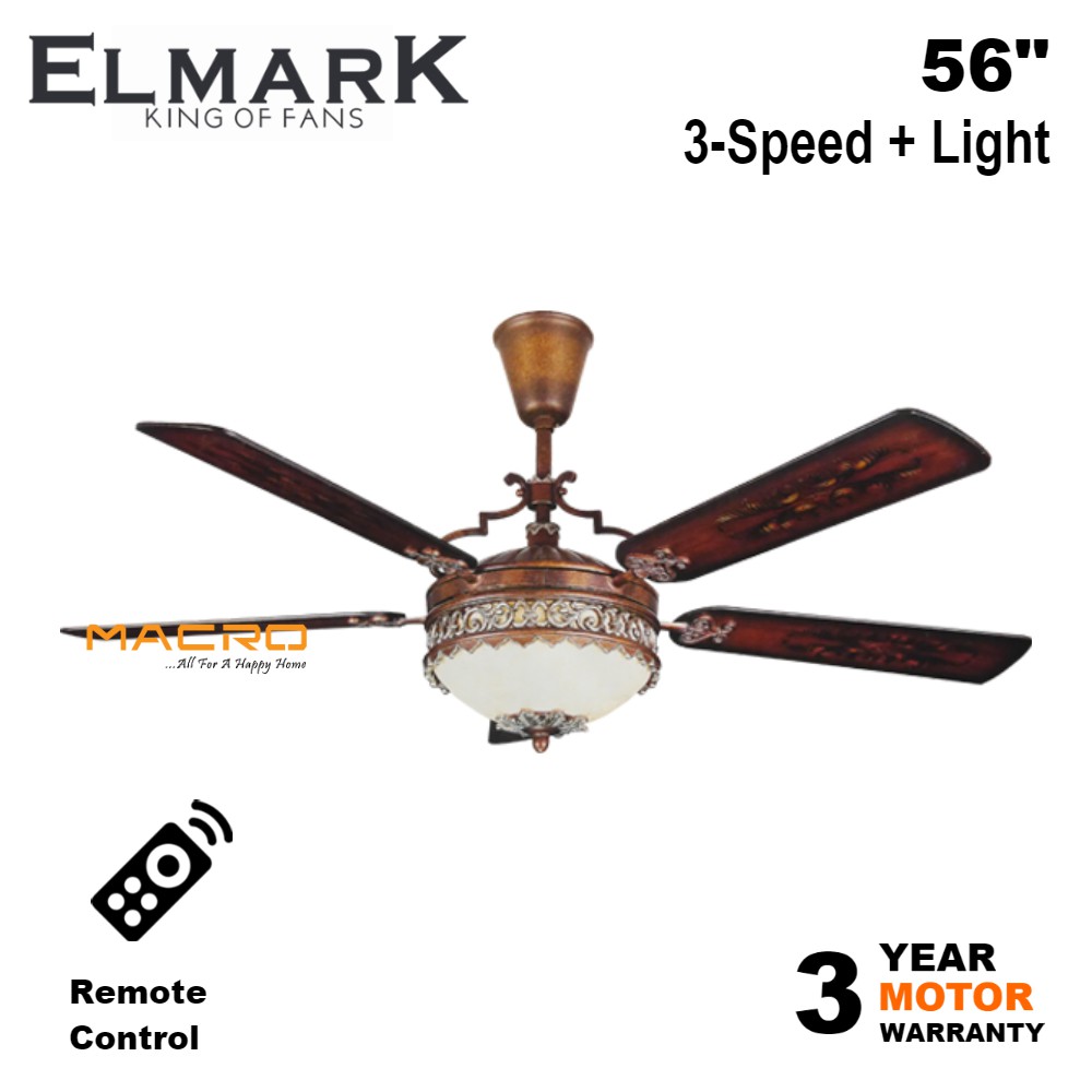 Elmark El62 56 Wooden 5 Blade Remote Ceiling Fan With Light