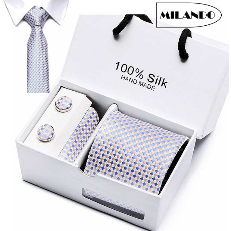 (4 Pieces) MILANDO Men Classic Silk Tie Necktie for Men Pocket Square Cufflink Gift Box