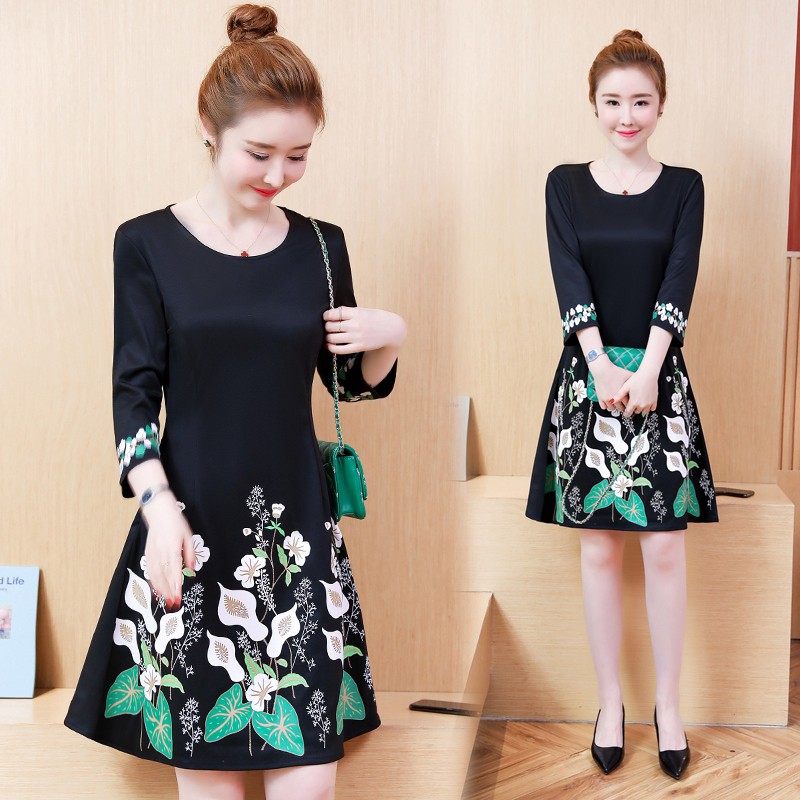 Plus Size Black Midi Dress Summer Floral Elegant Dinner Wedding