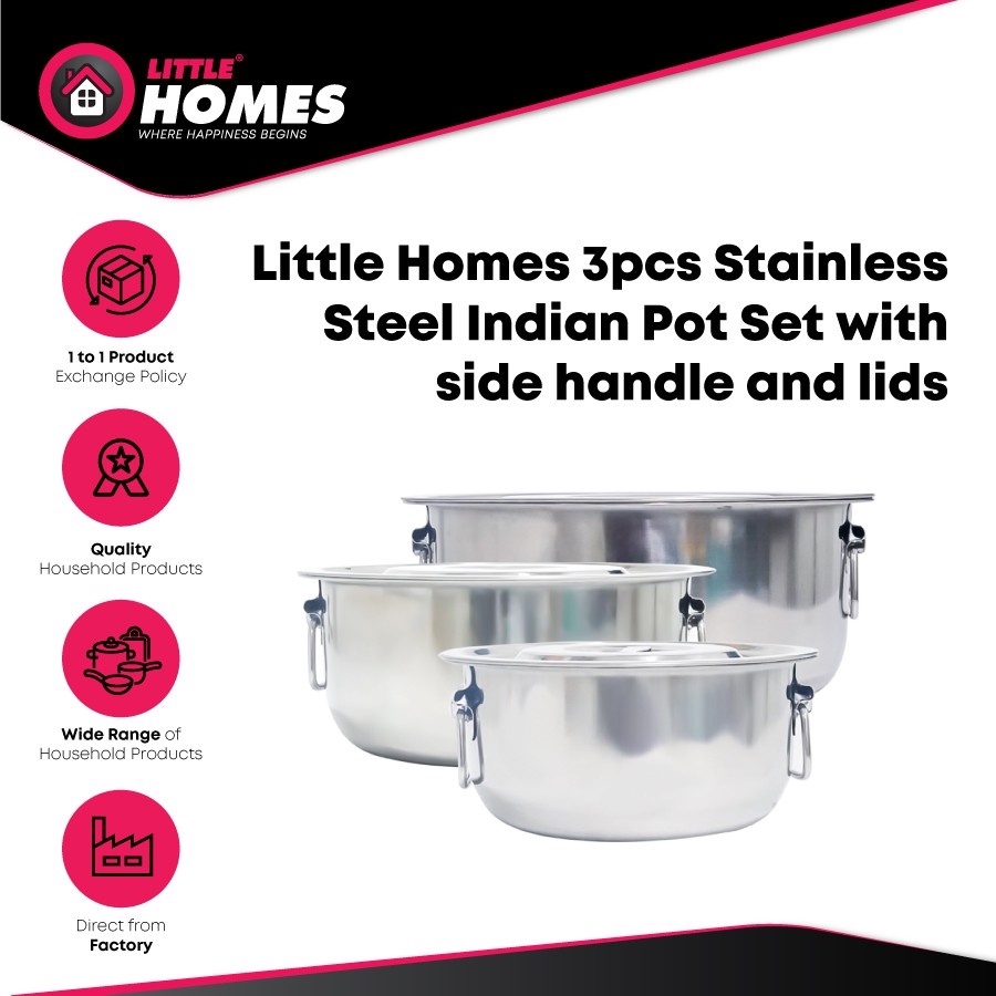 30cm + 26cm + 22cm Big Multipurpose Stainless Steel Induction Indian Pot with Lid & Handle / Periuk Besar Tahan Karat