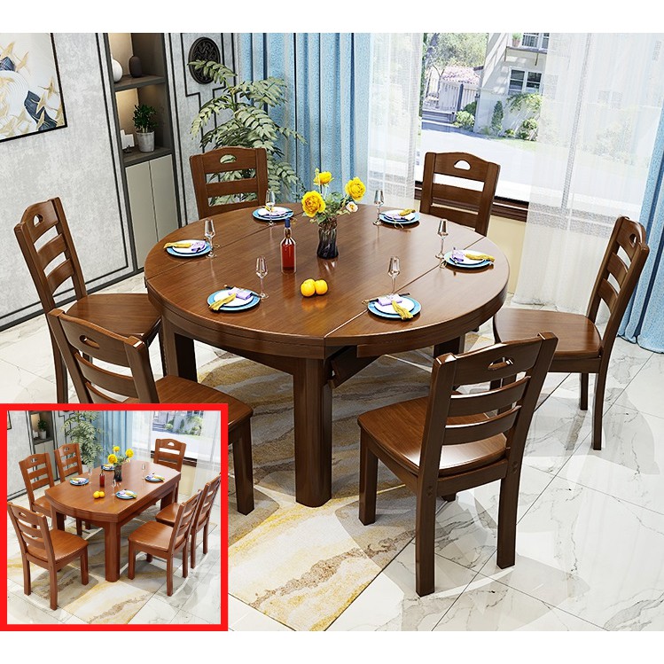 Solid Wood Extendable Dining Table Chairs Set 10 Seaters Set Meja Makan