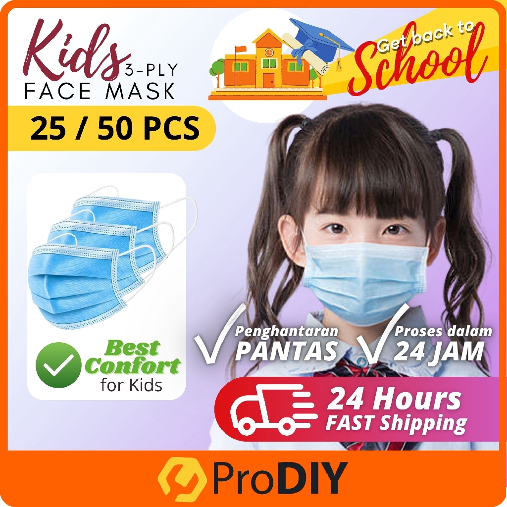 50pcs 3 PLY Face Mask Kids Disposable Earloop Flu Protection Pollution, Dust, Haze, Germs and Pollen Topeng Muka