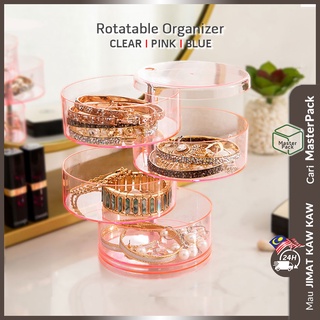 Jewellery organiser rotatable Pink swivel cosmetic organizer 4 compartments Blue stationery storage Acrylic makeup tower