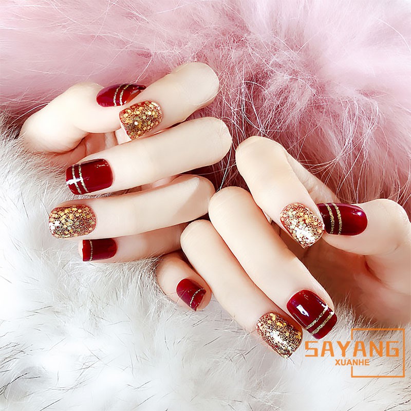 Sayang 24pcs Short Wine Red Nail Art Short False Nails With Golden Glitter Champagne Wedding Nail Tip Full Nail Shopee Malaysia