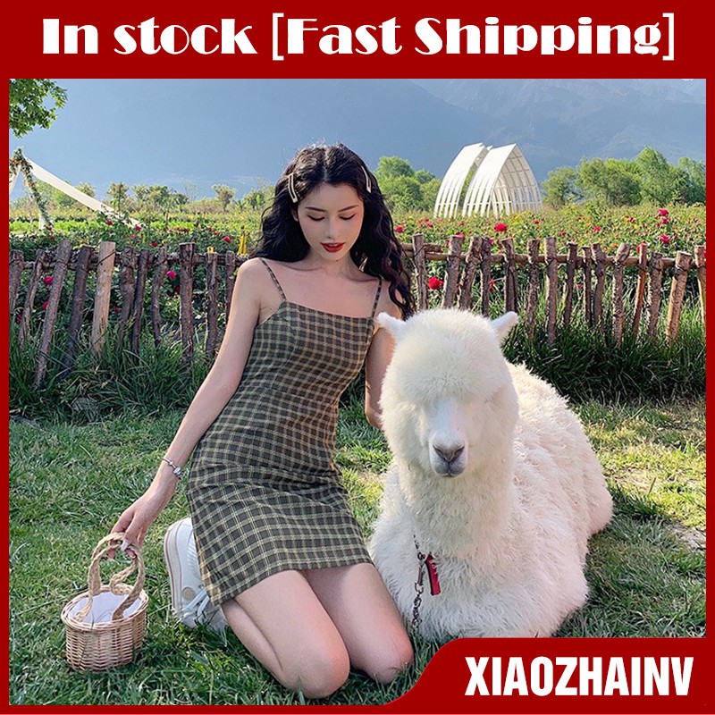  Xiaozhainv    Korean Fashion Dresses Green Plaid Sling Mini 