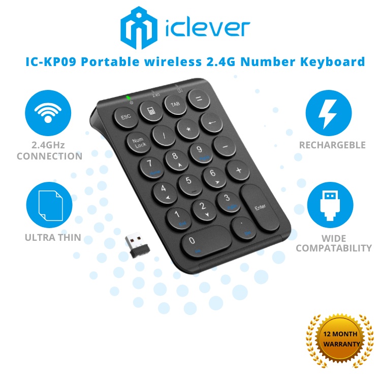 iClever IC-KP09 Portable wireless 2.4G Number Keyboard Pad, Plug & Play, 40 hours play time, Num Lock, Easy to connect