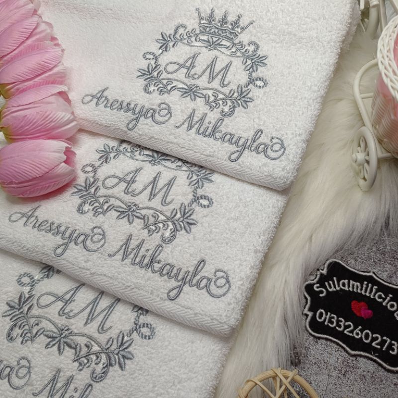 Royal Crown Name Tuala Hantaran Hotel Grade Towel Sulam Nama Cotton