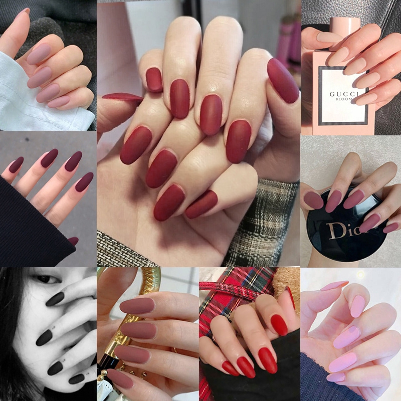 With Box 24pcs Fake Nails Long Round Wine Red Art Matte False Nail Sensual Matte Acrylic Nail Set Shopee Malaysia