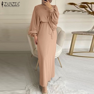 ZANZEA Women Vintage Lace-up Solid Puff Sleeve O Neck Muslim Long Dress #6