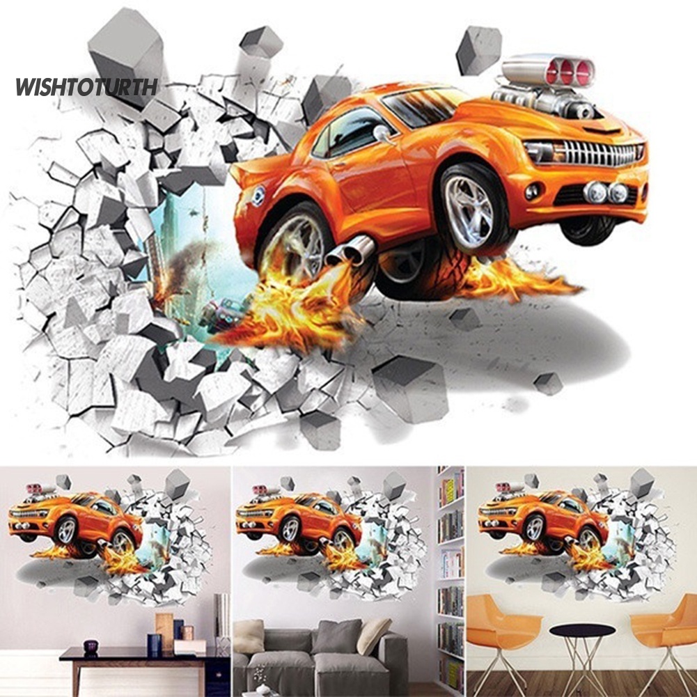 ☼WT 3D Cartoon Cars Accident Pattern Wall Stickers Kids Room Decals Window Decor