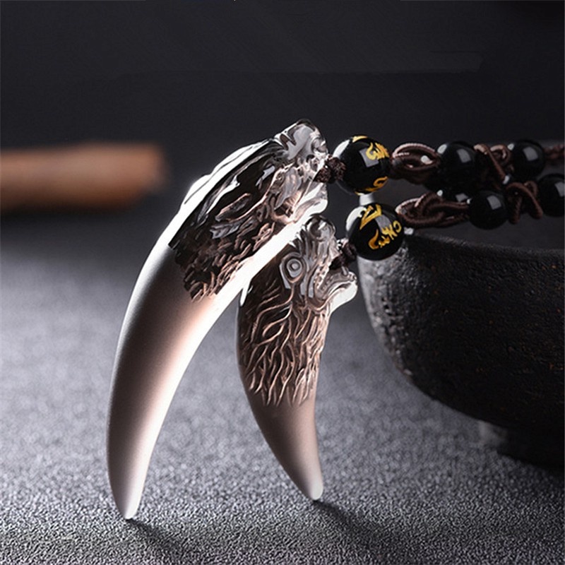 Natural ice obsidian pendant wolf tooth design warrior talisman pendant accessory