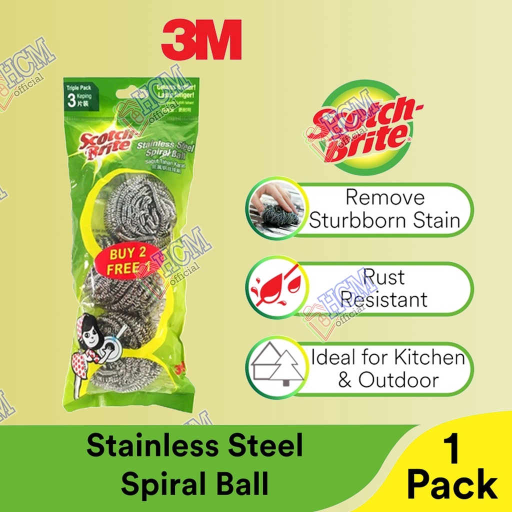 3M Scotch Brite Stainless Steel Metallic Durable Spiral Ball Rust Resistant Stain Removal