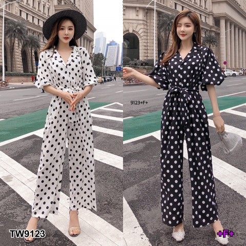 TwinsShopVip TW9123 Polka Dot Long Balloon Sleeve Jumpsuit + Waist Tie Jumpsuit Woman