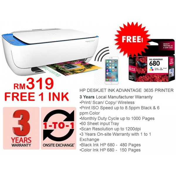 Bandit direkte Intensiv Official HP Deskjet ink Advantage 3635 All In One Wireless Printer | Shopee  Malaysia