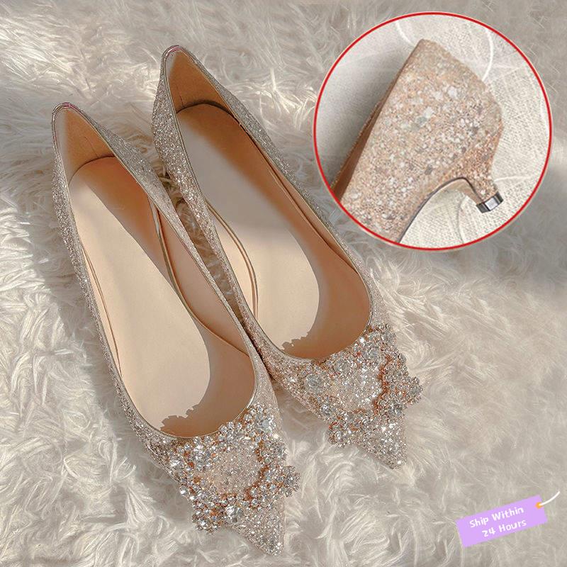 kasut nikah perempuan pengantin plus size tinggi wanita Flat wedding shoes  female bride new crystal champagne dress Xihe bridesmaid pregnant woman low  -heeled | Shopee Malaysia