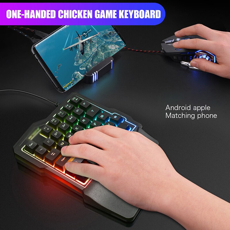 onehand colorful RGB backlit wired keyboard Android phone eat chicken
