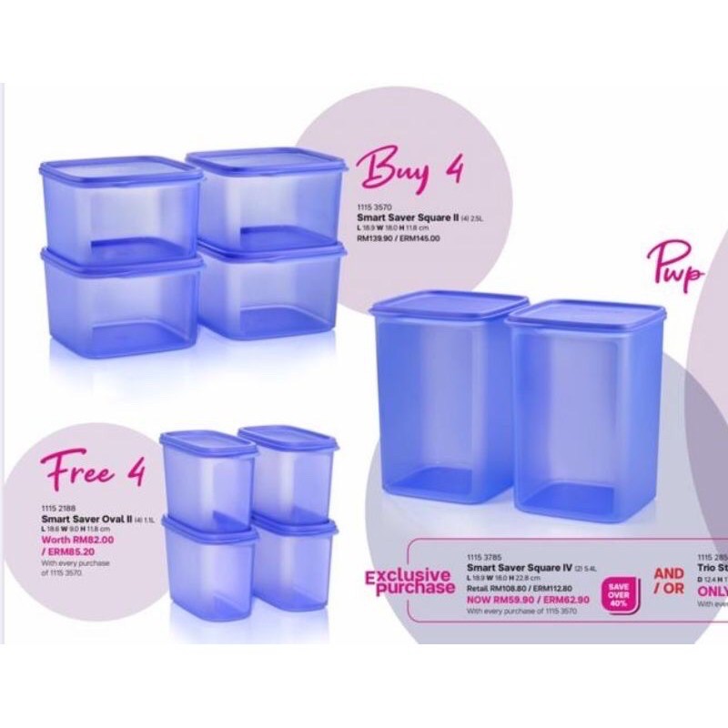 Tupperware Smart Saver Square II 2.5L (4pcs) FREE Oval II 1.1L (4pcs) + PWP