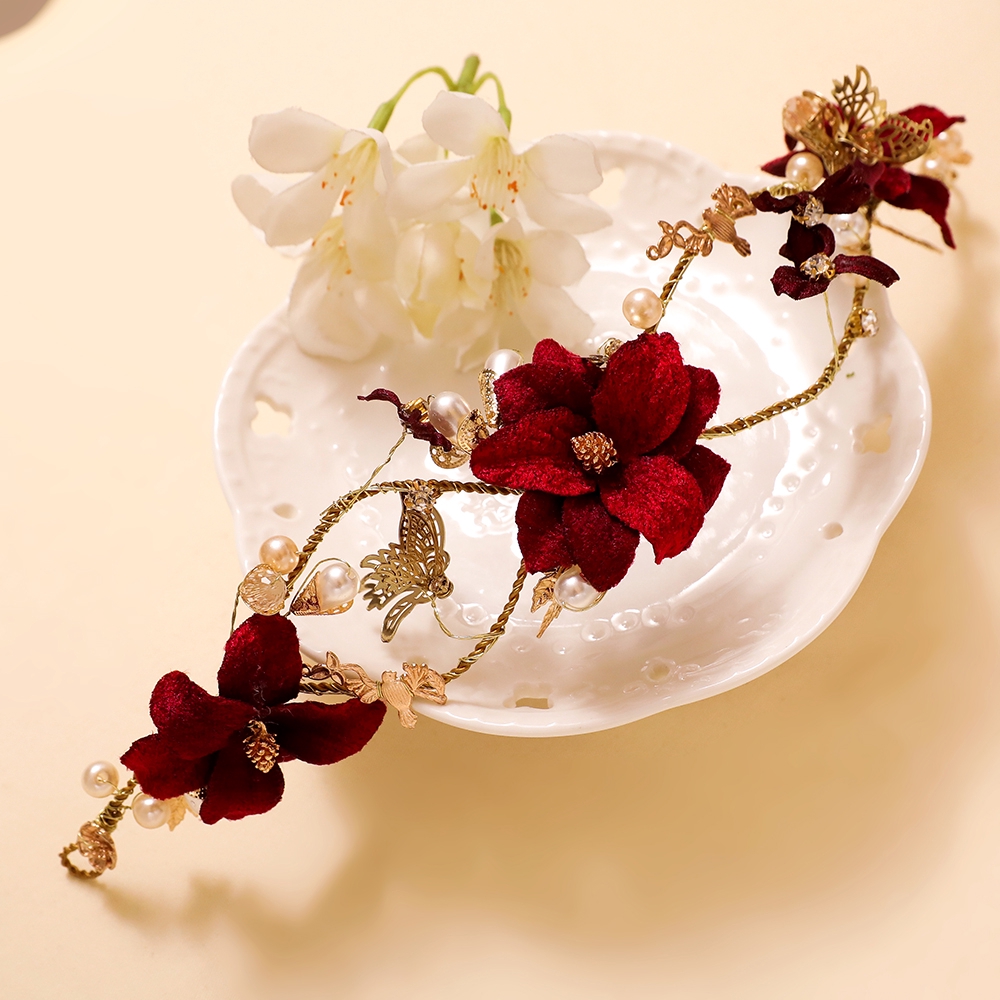 Bridal Wedding Headpiece Ornament Vintage Burgundy Flower Headband
